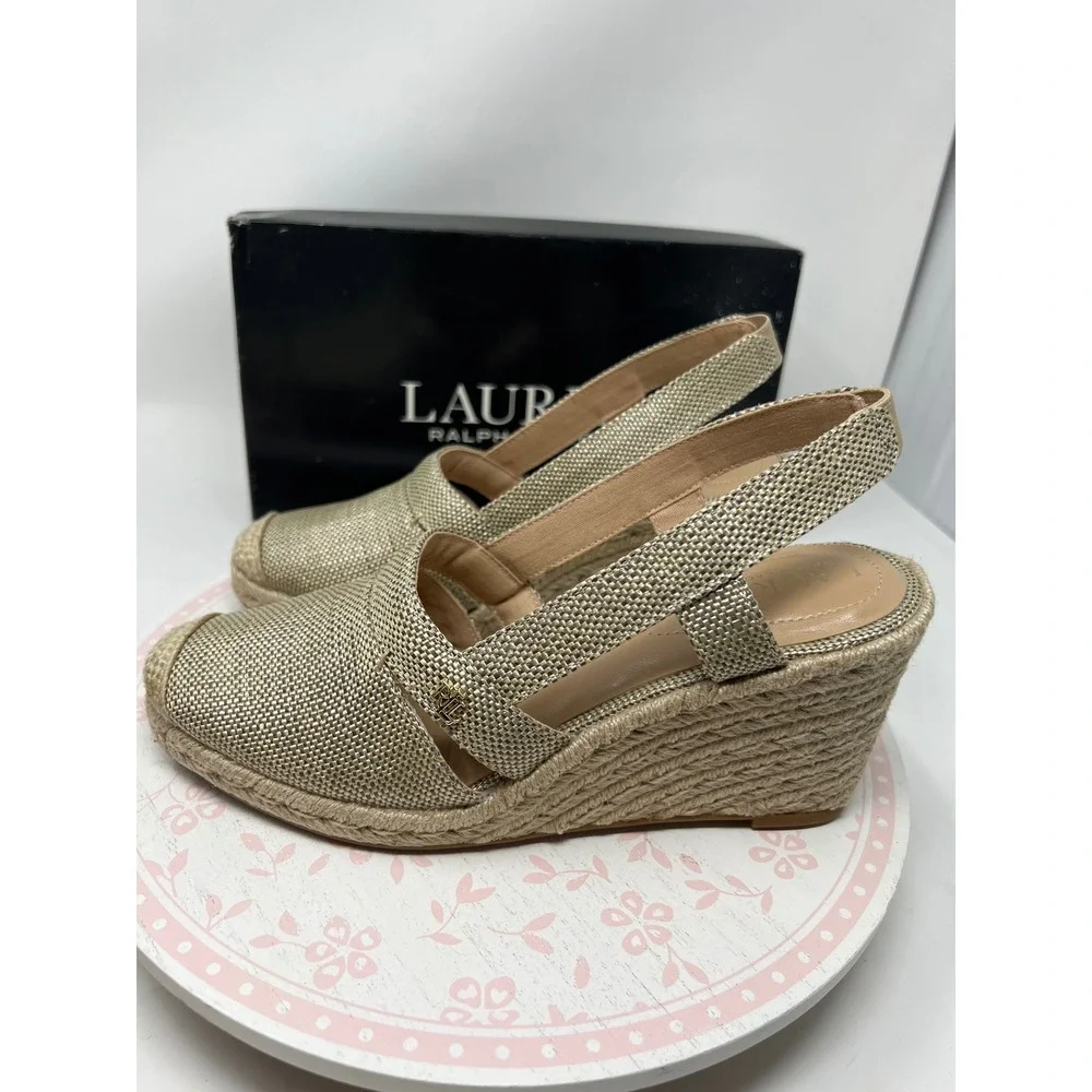 LAUREN Ralph Lauren Penelopie Espadrille Wedge Women 6 Silver Metallic Straw New